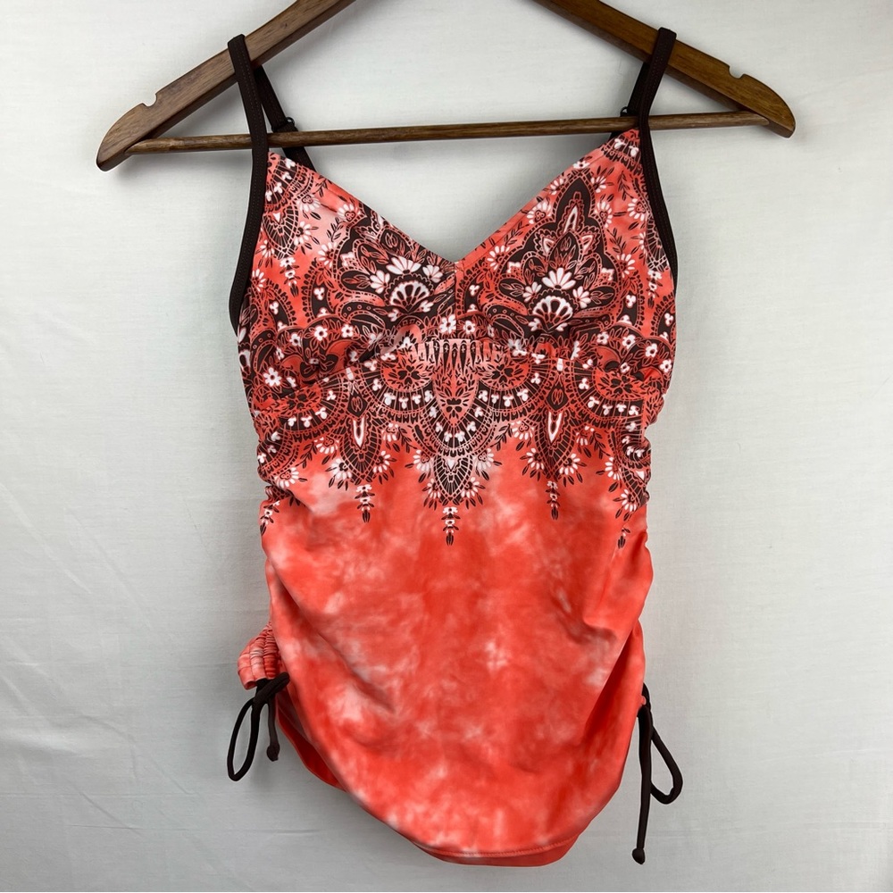 PrAna Orange Brown Tankini Bathing Suit Top Ruched Sides Size XS